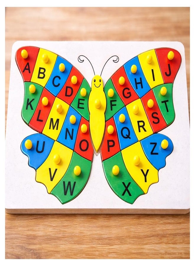 Toyjos Butterfly Shape Wooden Board with Alphabets Knob Puzzle | Preschool Learning Kids 26 (A-Z) Capital Letters Educational Puzzle Board Game Toys | Birthday Gifts for Boys, Girls (Multicolour) - Image 1
